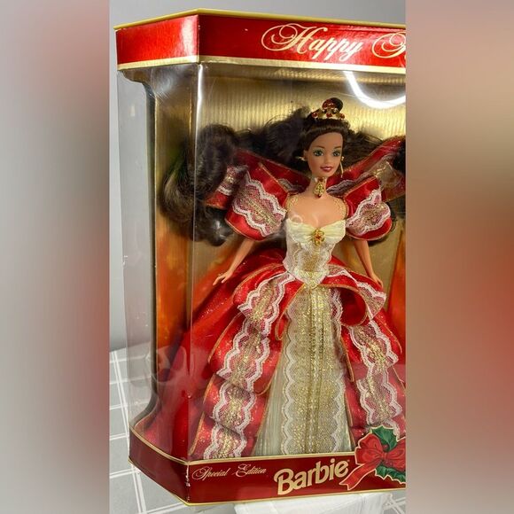 1997 Holiday Barbie Happy Holidays Gold Special Edition Eyes Blue Box Green Doll - Picture 8 of 9